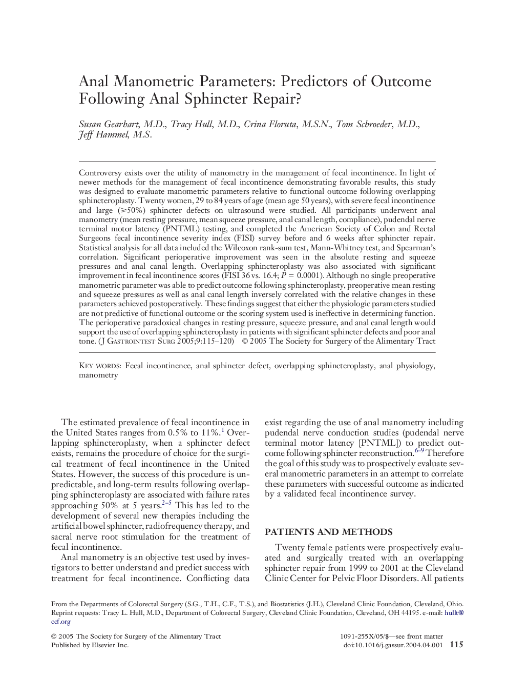 Anal manometric parameters: predictors of outcome following anal sphincter repair?