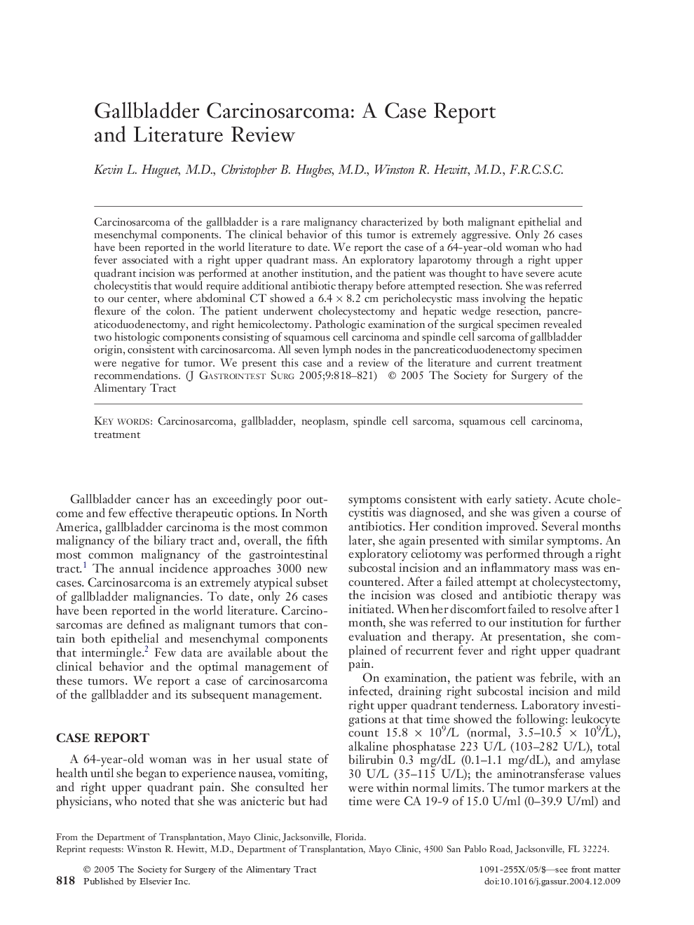 Gallbladder Carcinosarcoma: A Case Report and Literature Review