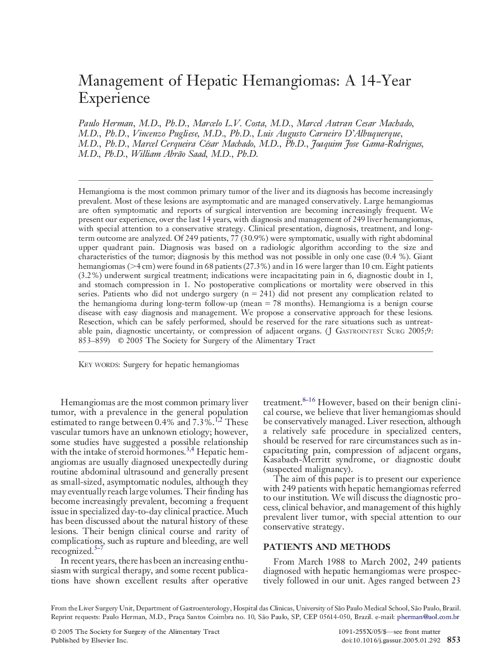 Management of Hepatic Hemangiomas: A 14-Year Experience