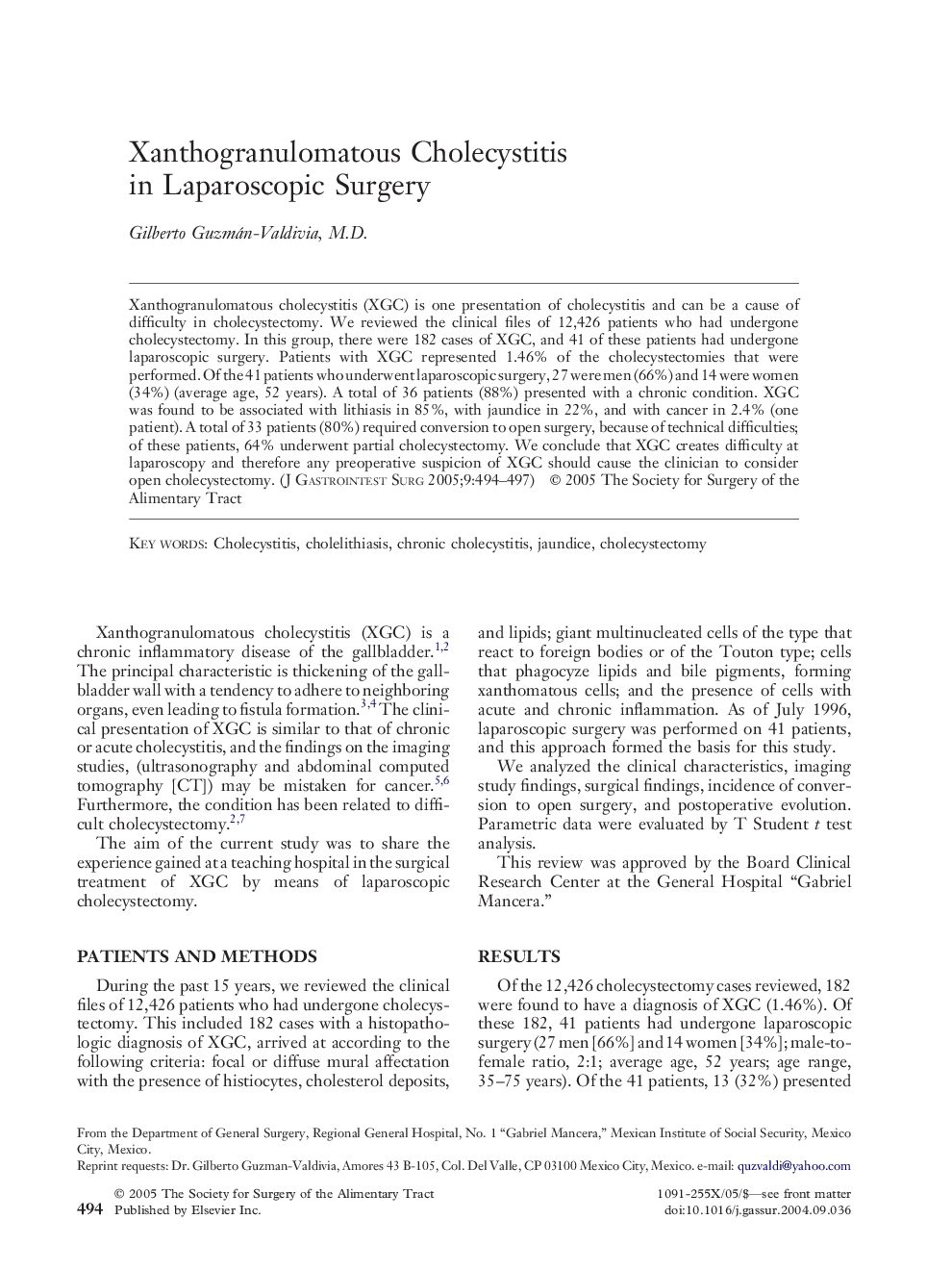 عکس صفحه اول مقاله: Xanthogranulomatous Cholecystitis in Laparoscopic Surgery Xanthogranulomatous Cholecystitis in Laparoscopic Surgery