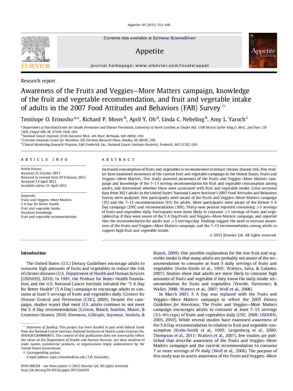 Awareness of the Fruits and Veggies—More Matters campaign, knowledge of the fruit and vegetable recommendation, and fruit and vegetable intake of adults in the 2007 Food Attitudes and Behaviors (FAB) Survey 