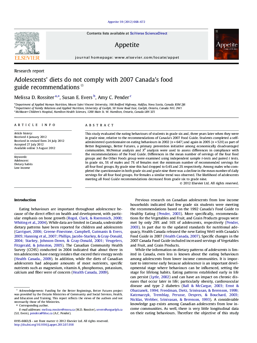 Adolescents’ diets do not comply with 2007 Canada’s food guide recommendations 