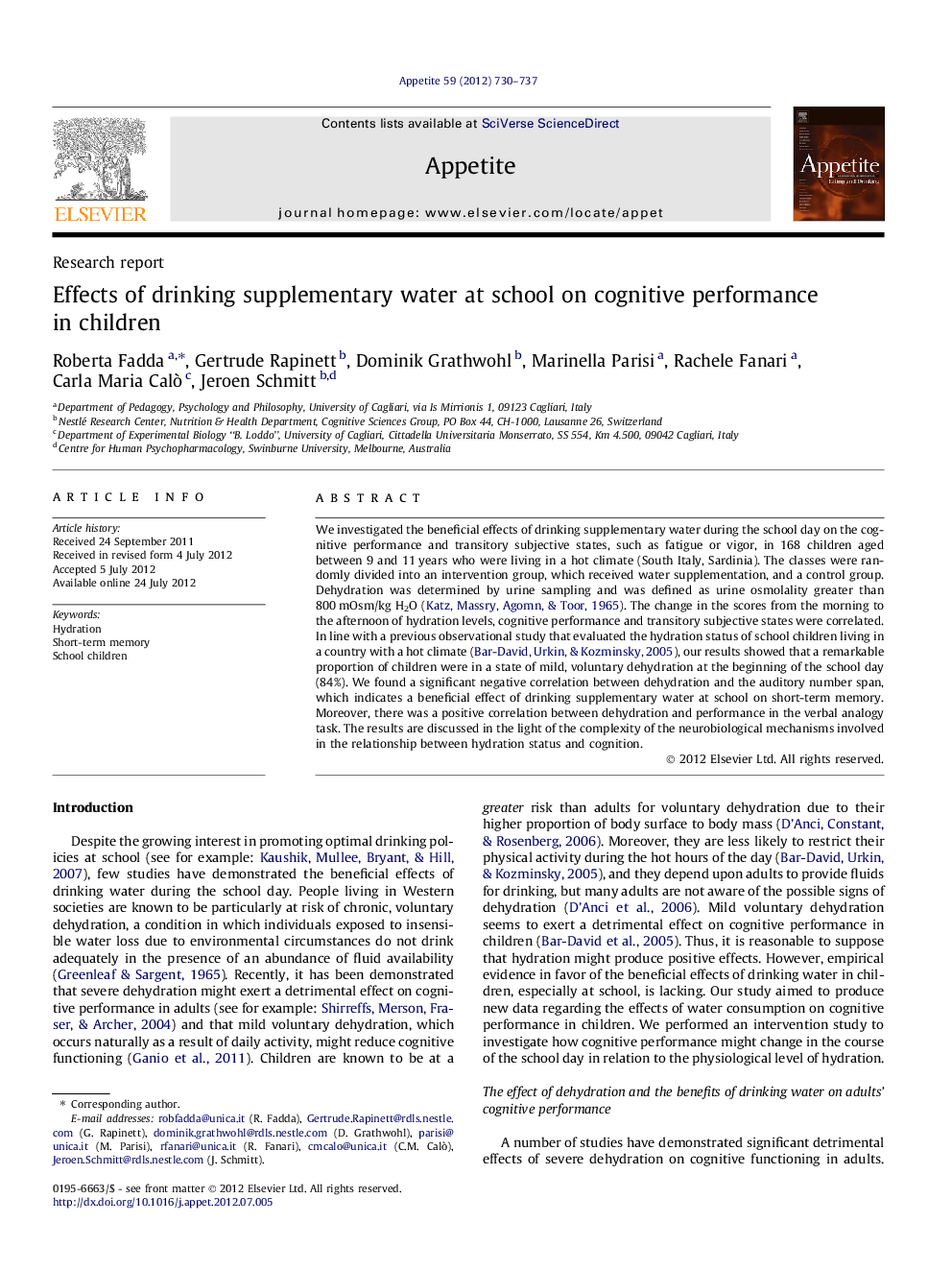 Effects of drinking supplementary water at school on cognitive performance in children