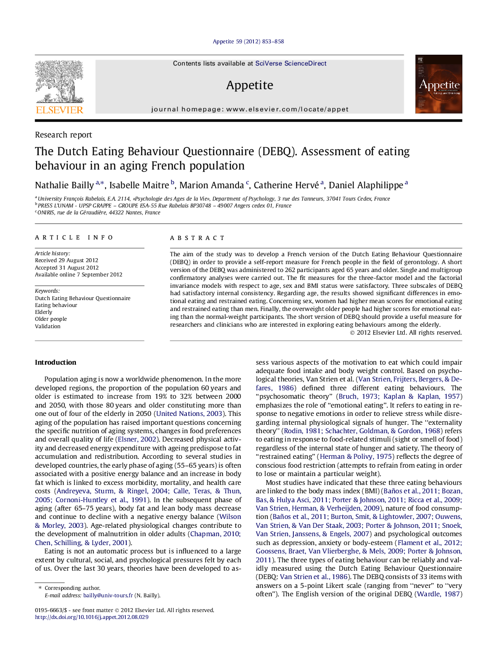 عکس صفحه اول مقاله: The Dutch Eating Behaviour Questionnaire (DEBQ). Assessment of eating behaviour in an aging French population The Dutch Eating Behaviour Questionnaire (DEBQ). Assessment of eating behaviour in an aging French population