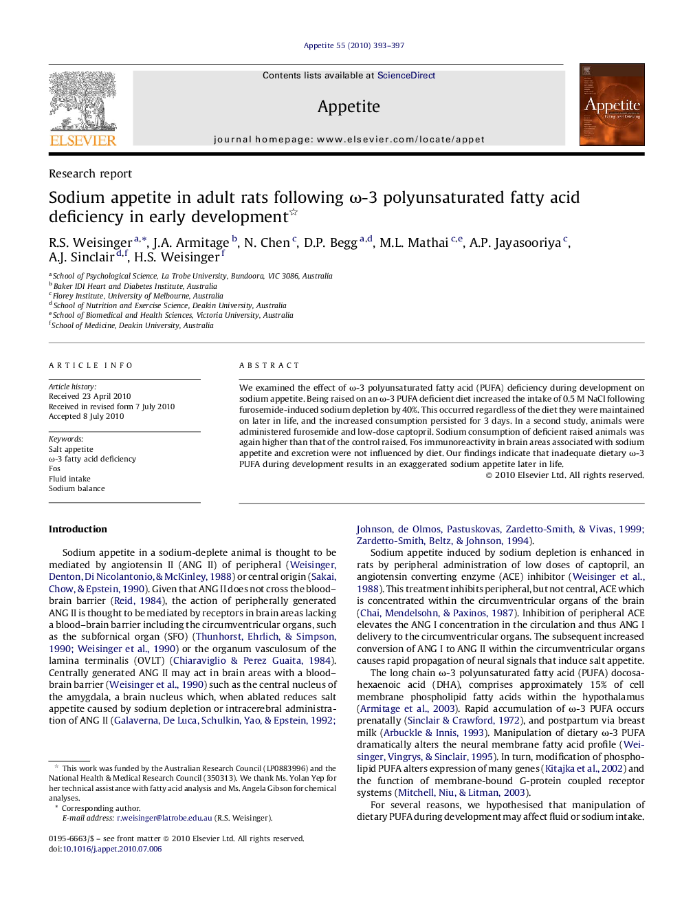 Sodium appetite in adult rats following ω-3 polyunsaturated fatty acid deficiency in early development 