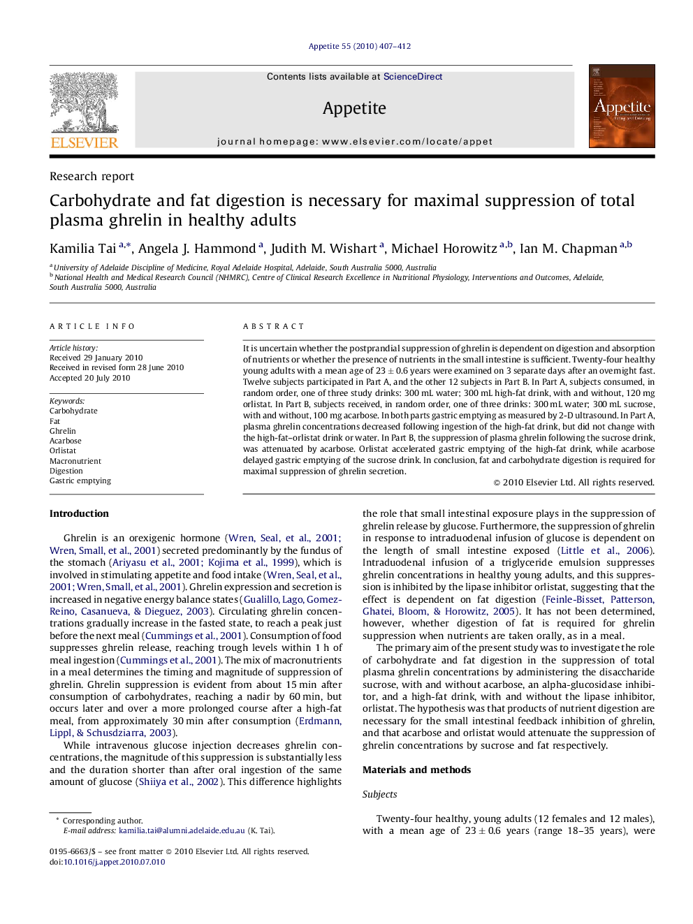 Carbohydrate and fat digestion is necessary for maximal suppression of total plasma ghrelin in healthy adults