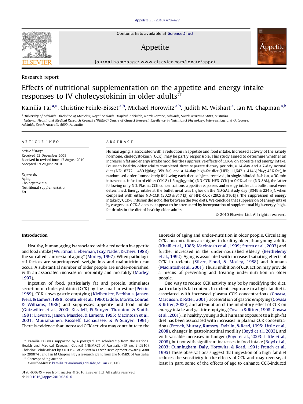 Effects of nutritional supplementation on the appetite and energy intake responses to IV cholecystokinin in older adults 