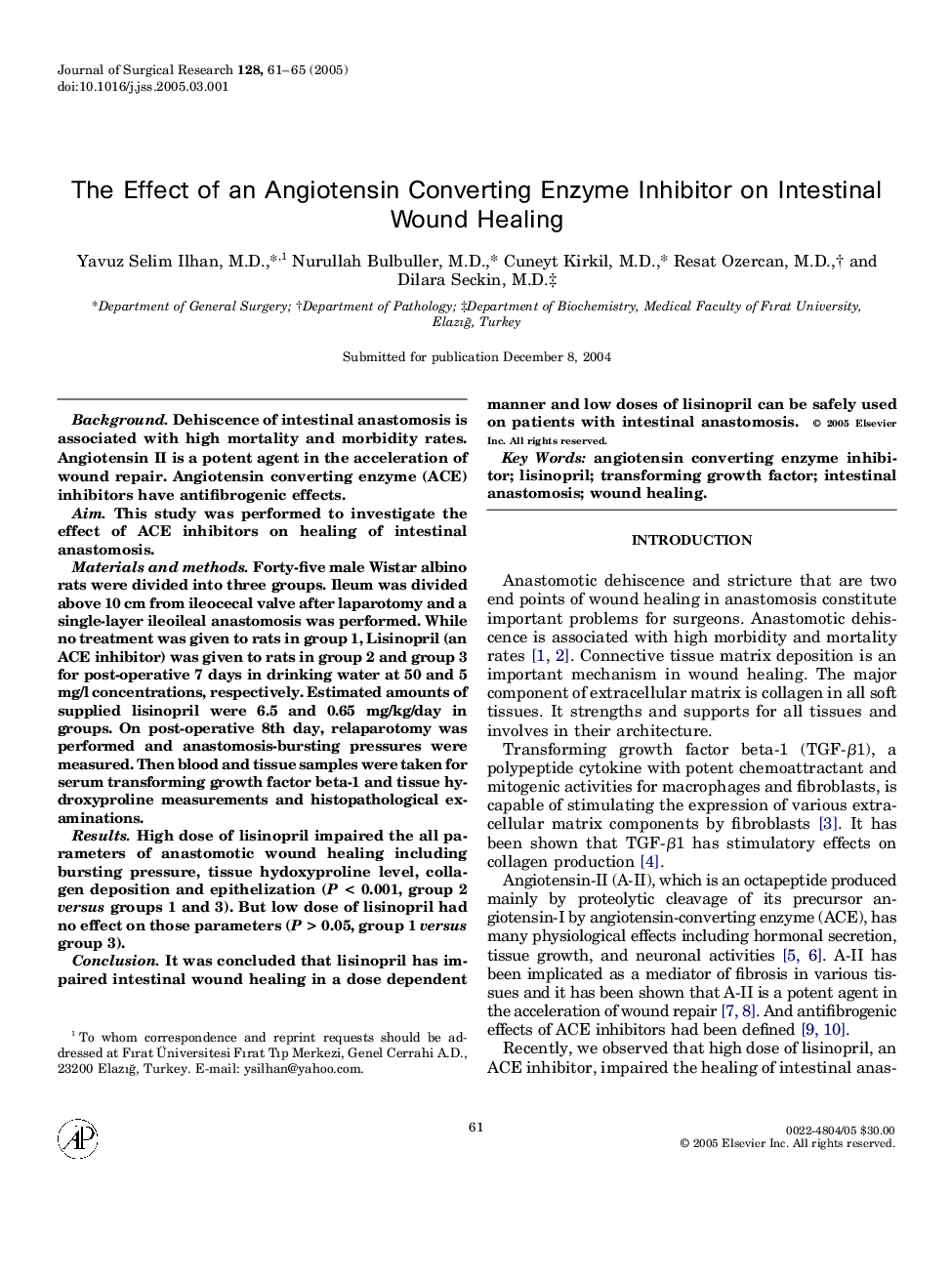 The Effect of an Angiotensin Converting Enzyme Inhibitor on Intestinal Wound Healing