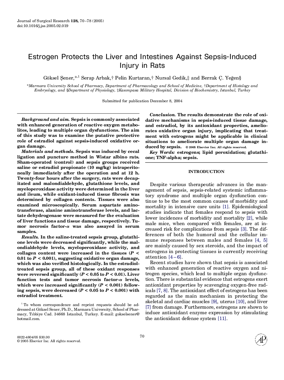 Estrogen Protects the Liver and Intestines Against Sepsis-Induced Injury in Rats