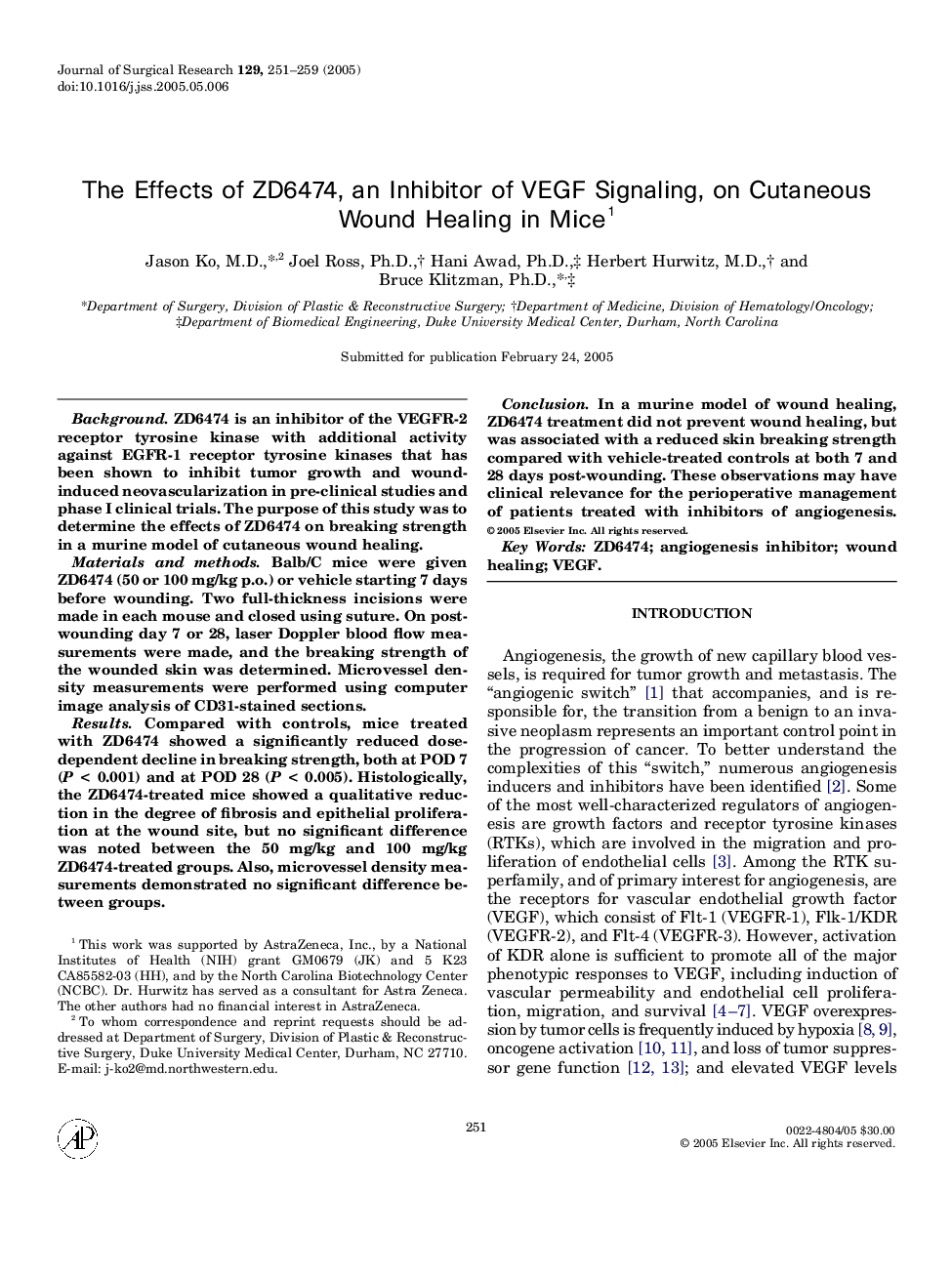 The Effects of ZD6474, an Inhibitor of VEGF Signaling, on Cutaneous Wound Healing in Mice1