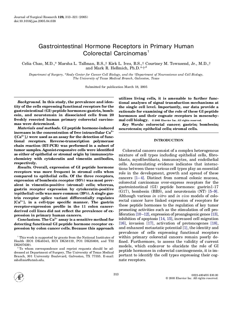 Gastrointestinal Hormone Receptors in Primary Human Colorectal Carcinomas1