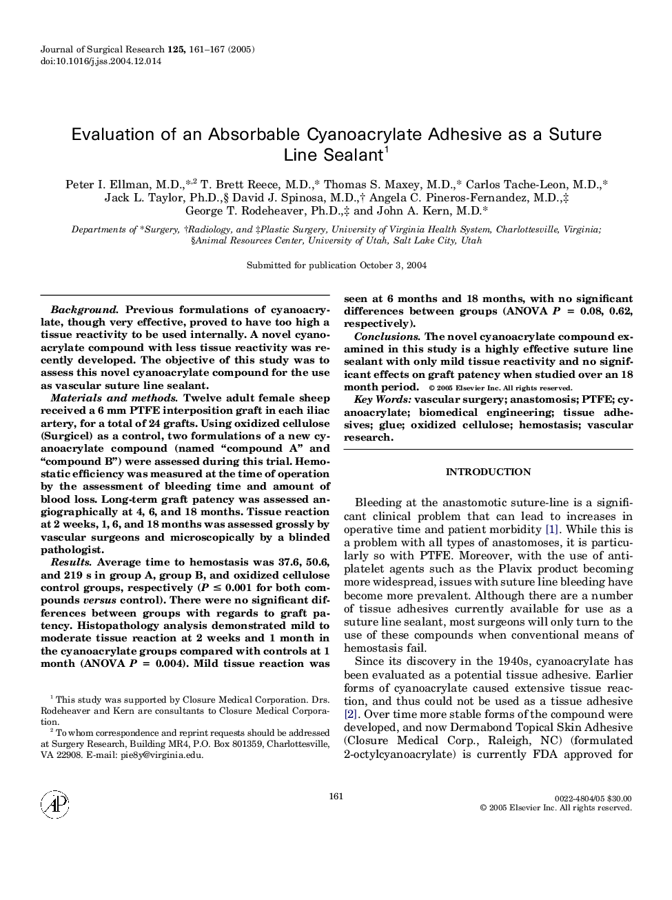 Evaluation of an Absorbable Cyanoacrylate Adhesive as a Suture Line Sealant1