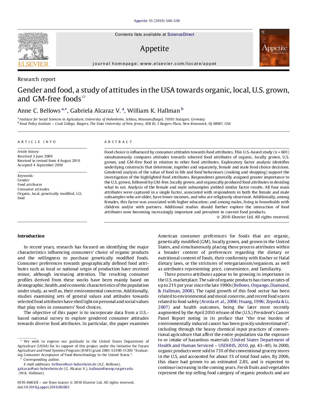 Gender and food, a study of attitudes in the USA towards organic, local, U.S. grown, and GM-free foods 