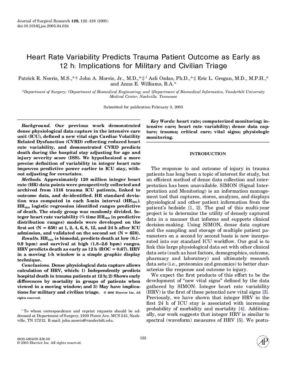 Heart Rate Variability Predicts Trauma Patient Outcome as Early as 12 h: Implications for Military and Civilian Triage