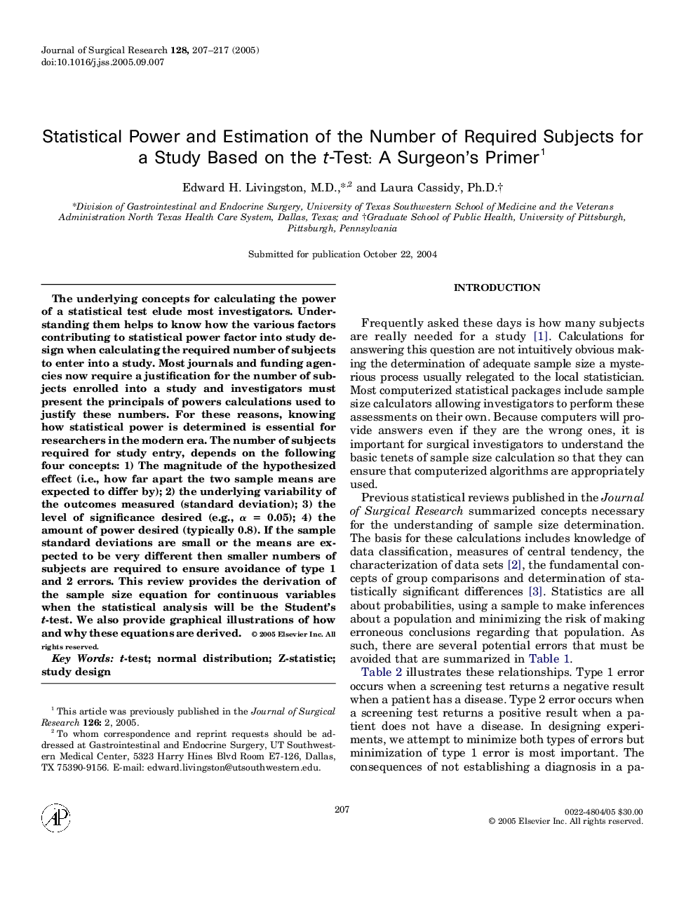 Statistical Power and Estimation of the Number of Required Subjects for a Study Based on the t-Test: A Surgeon's Primer1