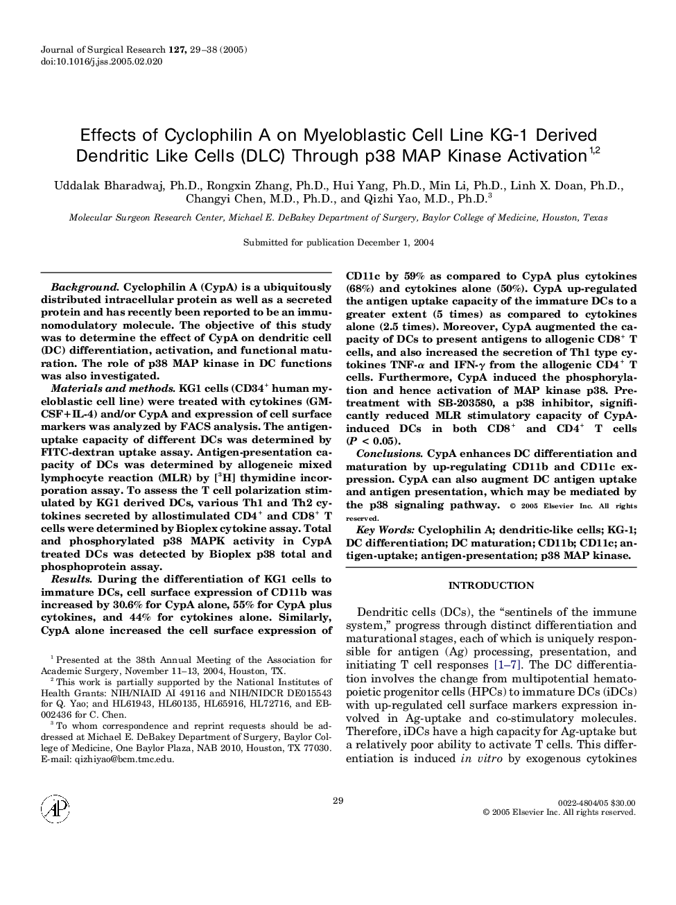 Effects of Cyclophilin A on Myeloblastic Cell Line KG-1 Derived Dendritic Like Cells (DLC) Through p38 MAP Kinase Activation1,2