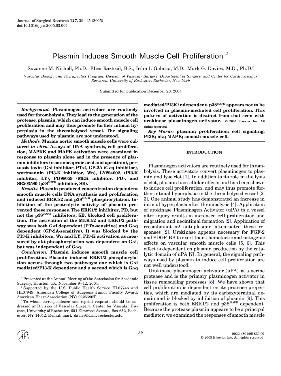 Plasmin Induces Smooth Muscle Cell Proliferation1,2