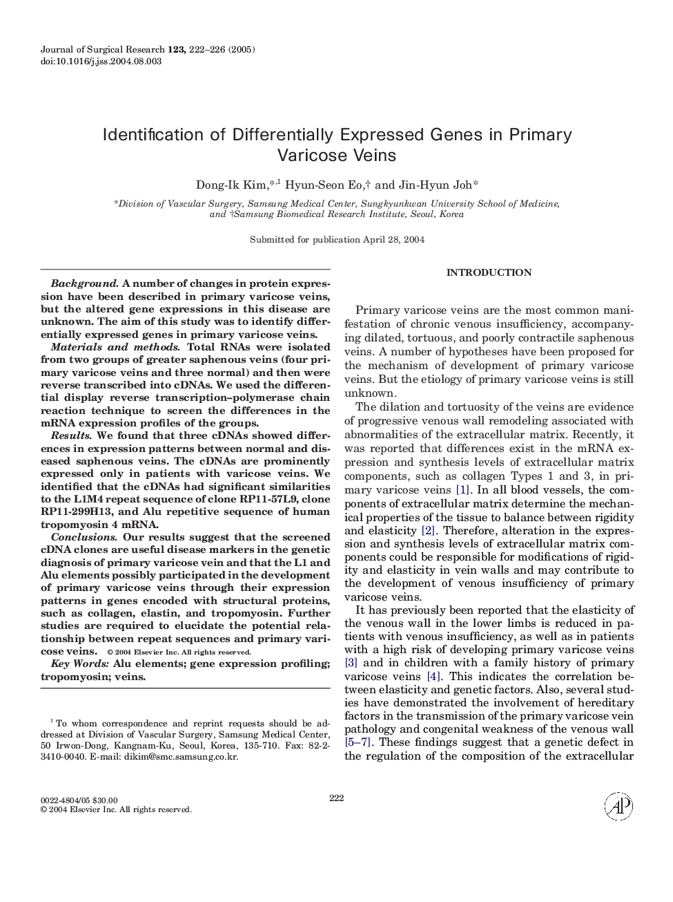 Identification of differentially expressed genes in primary varicose veins