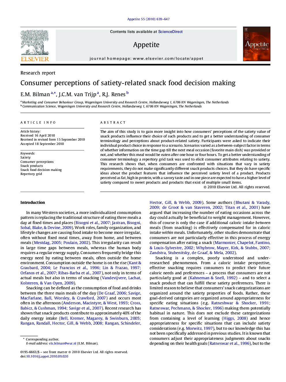 Consumer perceptions of satiety-related snack food decision making