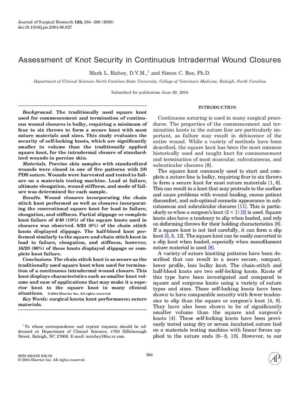 Assessment of knot security in continuous intradermal wound closures