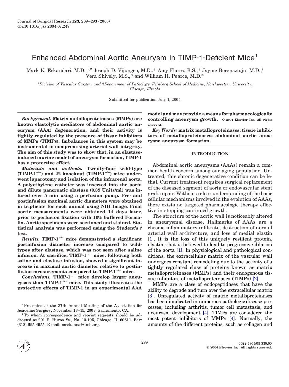 Enhanced abdominal aortic aneurysm in TIMP-1-deficient mice1