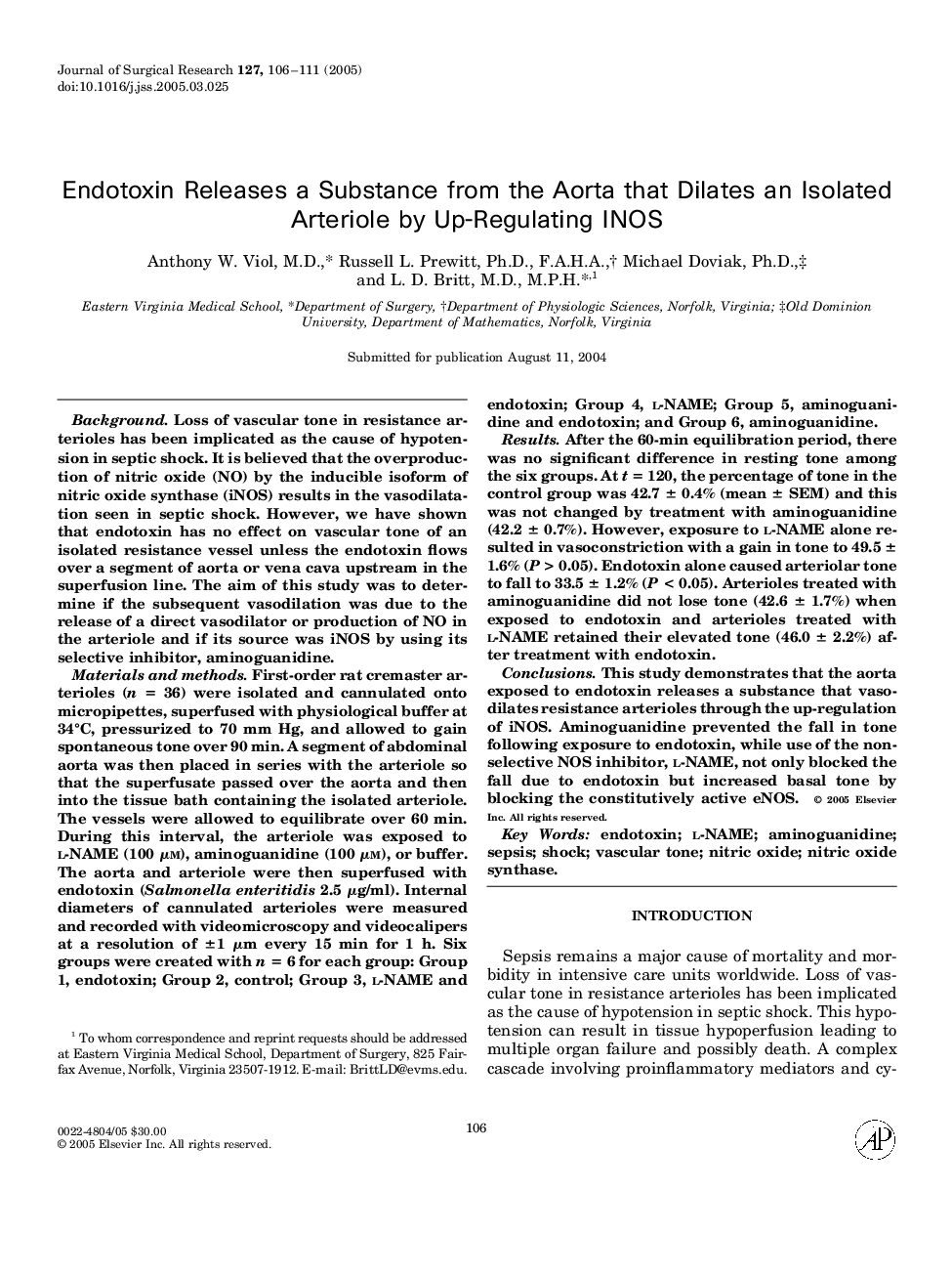 Endotoxin Releases a Substance from the Aorta that Dilates an Isolated Arteriole by Up-Regulating INOS