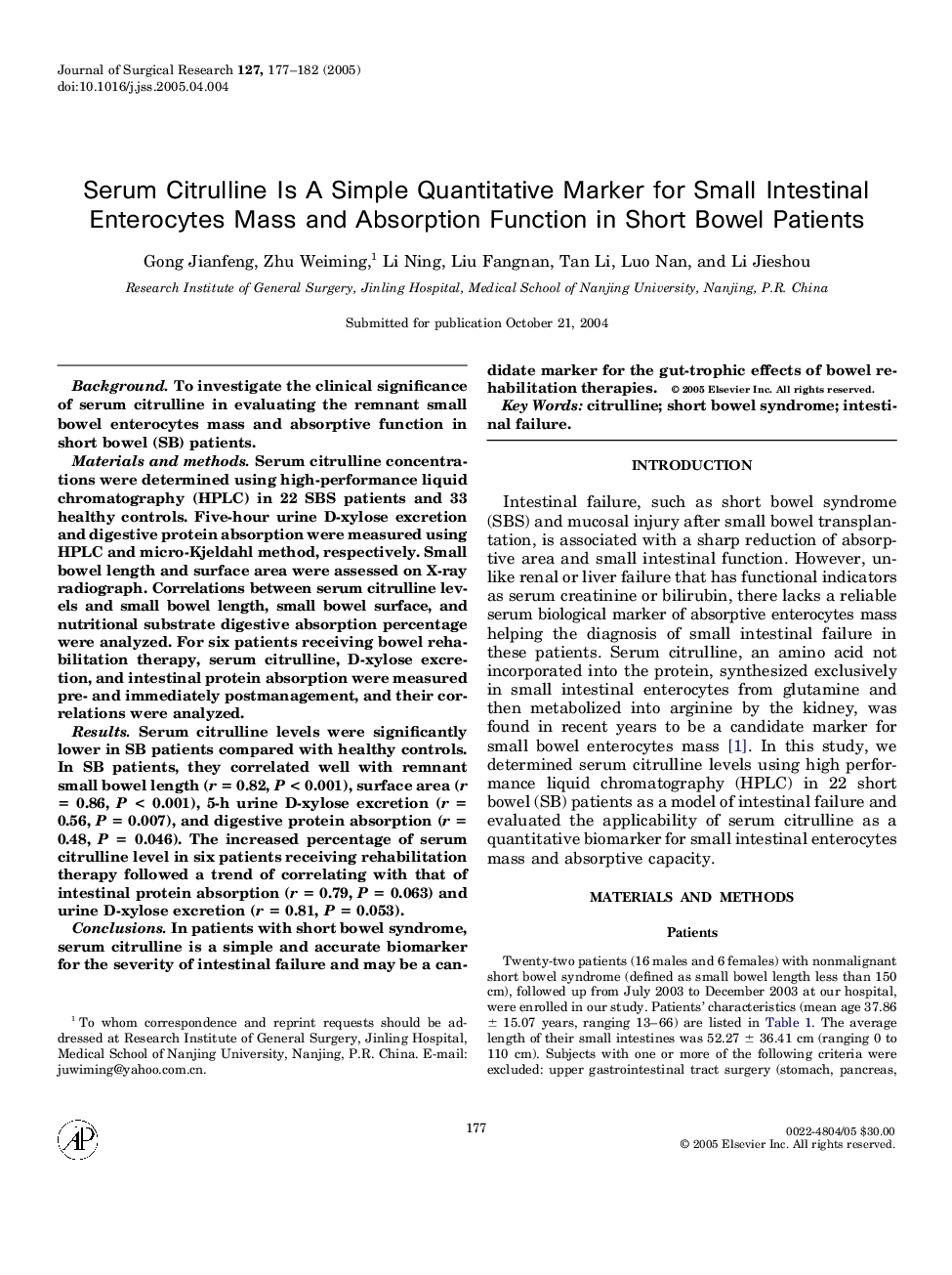 Serum Citrulline Is A Simple Quantitative Marker for Small Intestinal Enterocytes Mass and Absorption Function in Short Bowel Patients