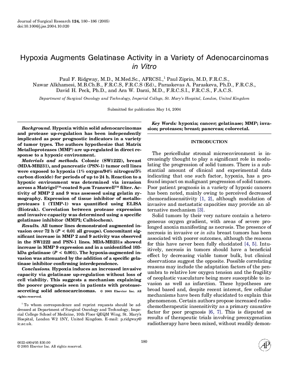 Hypoxia augments gelatinase activity in a variety of adenocarcinomas in vitro