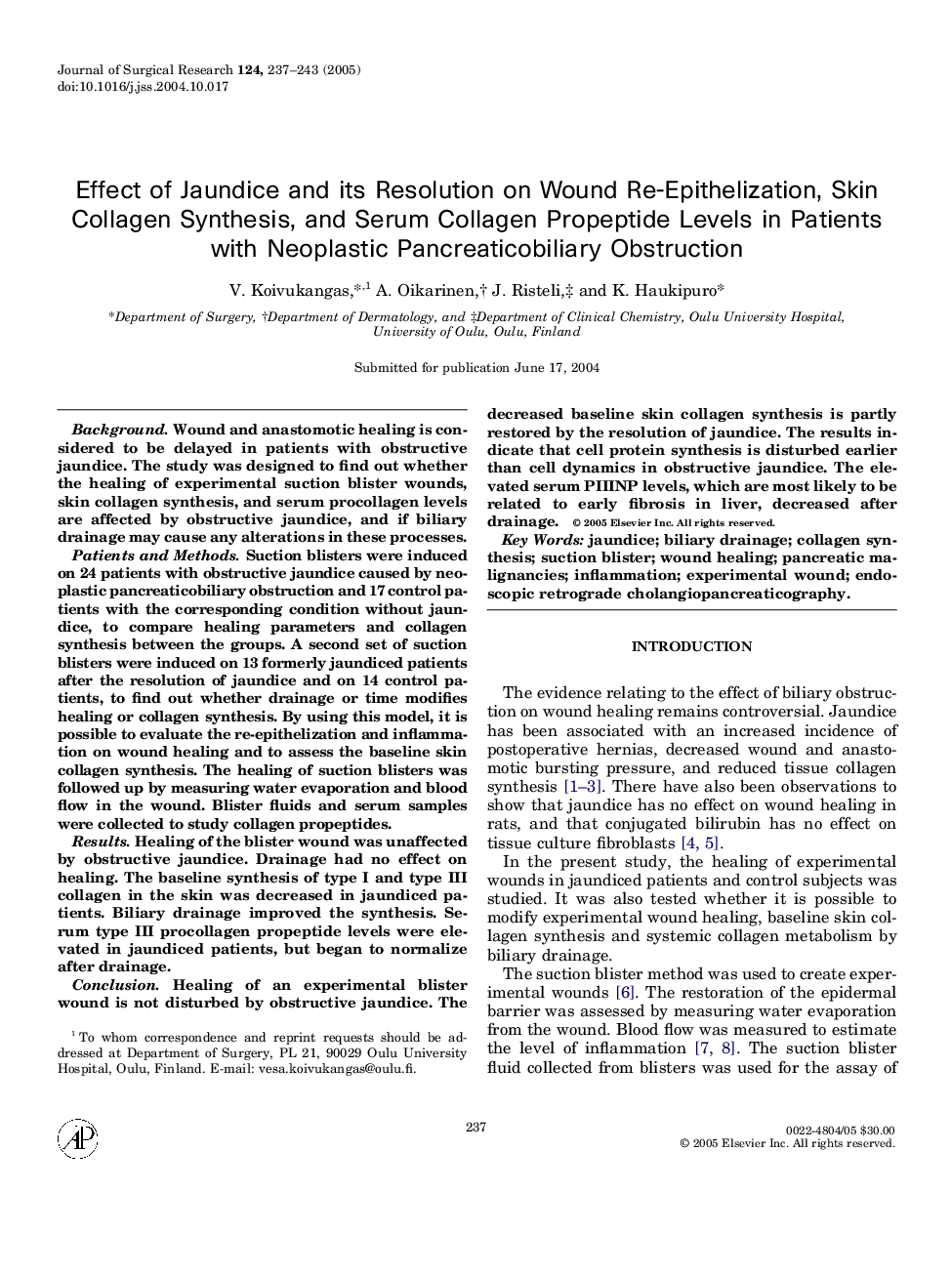 Effect of jaundice and its resolution on wound re-epithelization, skin collagen synthesis, and serum collagen propeptide levels in patients with neoplastic pancreaticobiliary obstruction