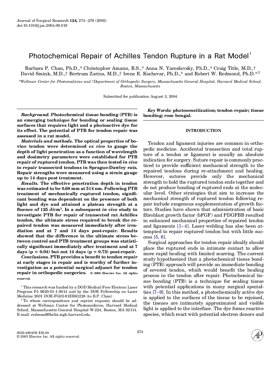 Photochemical repair of Achilles tendon rupture in a rat model1