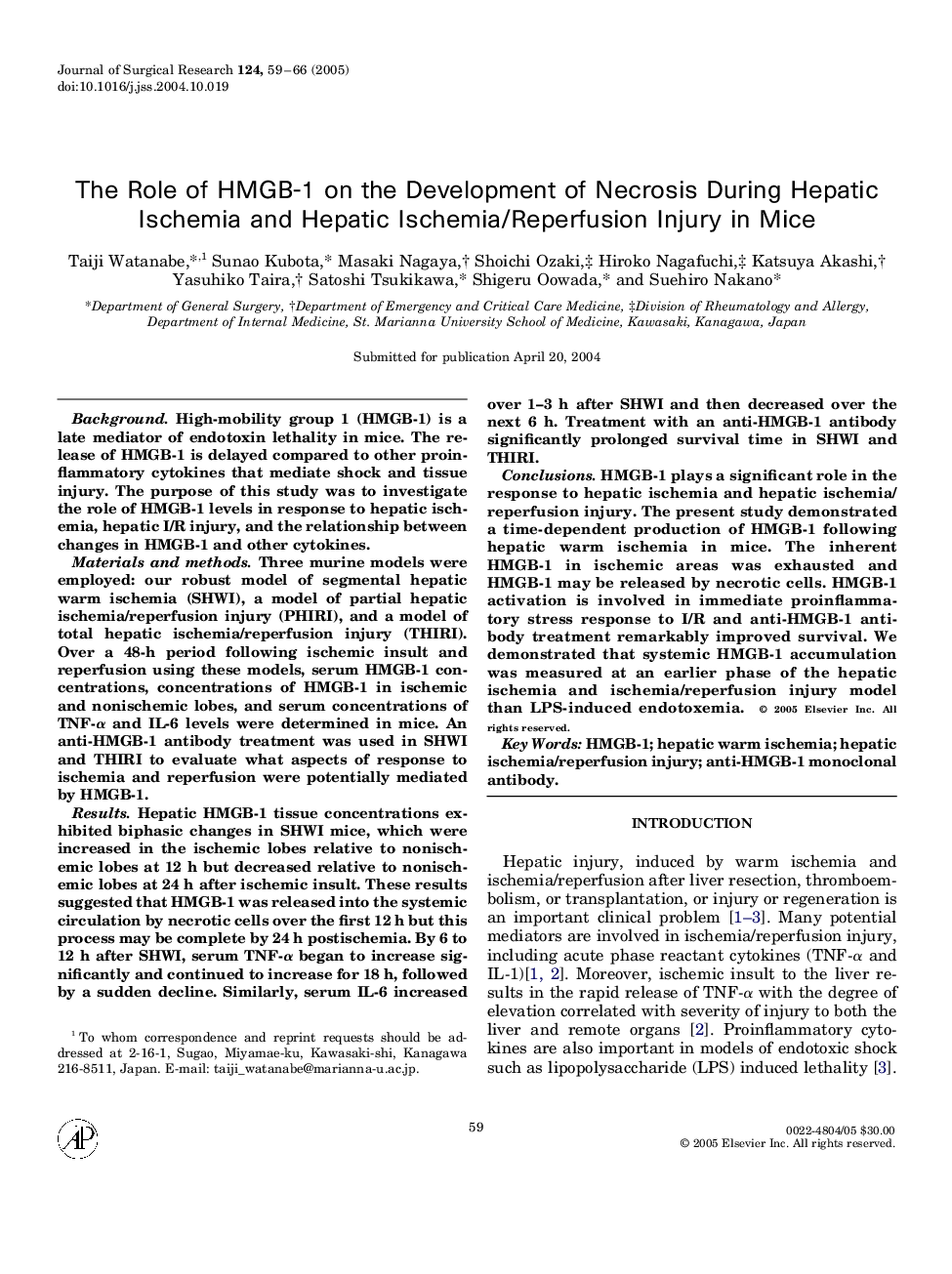 The role of HMGB-1 on the development of necrosis during hepatic ischemia and hepatic ischemia/reperfusion injury in mice