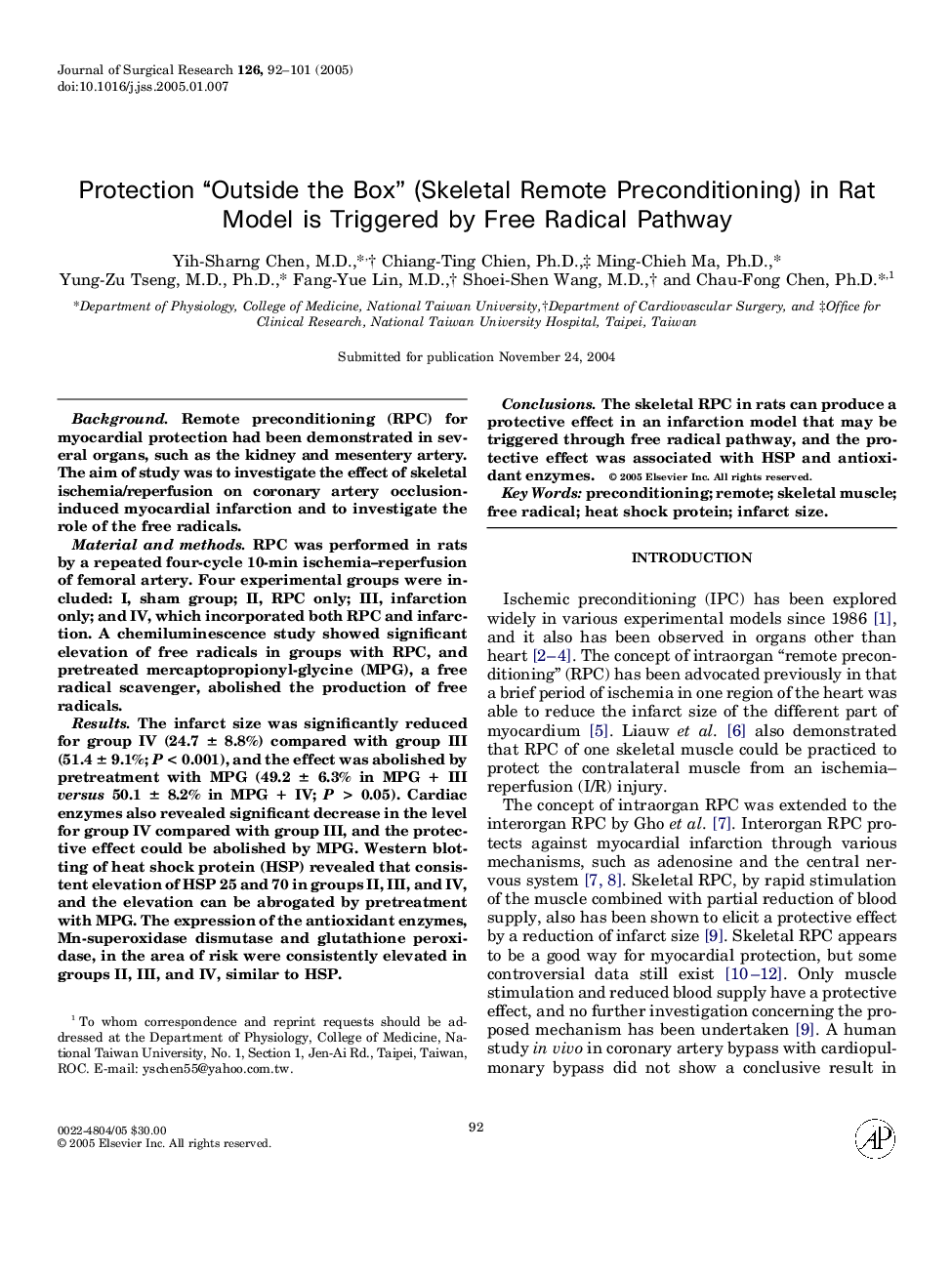 Protection “Outside the Box” (Skeletal Remote Preconditioning) in Rat Model is Triggered by Free Radical Pathway