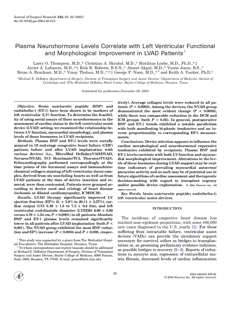 Plasma neurohormone levels correlate with left ventricular functional and morphological improvement in LVAD patients1