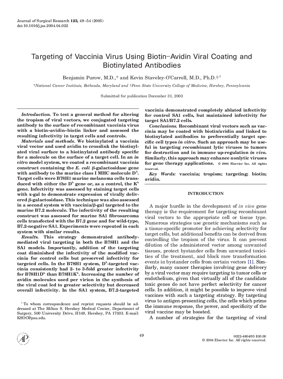 Targeting of vaccinia virus using biotin-avidin viral coating and biotinylated antibodies