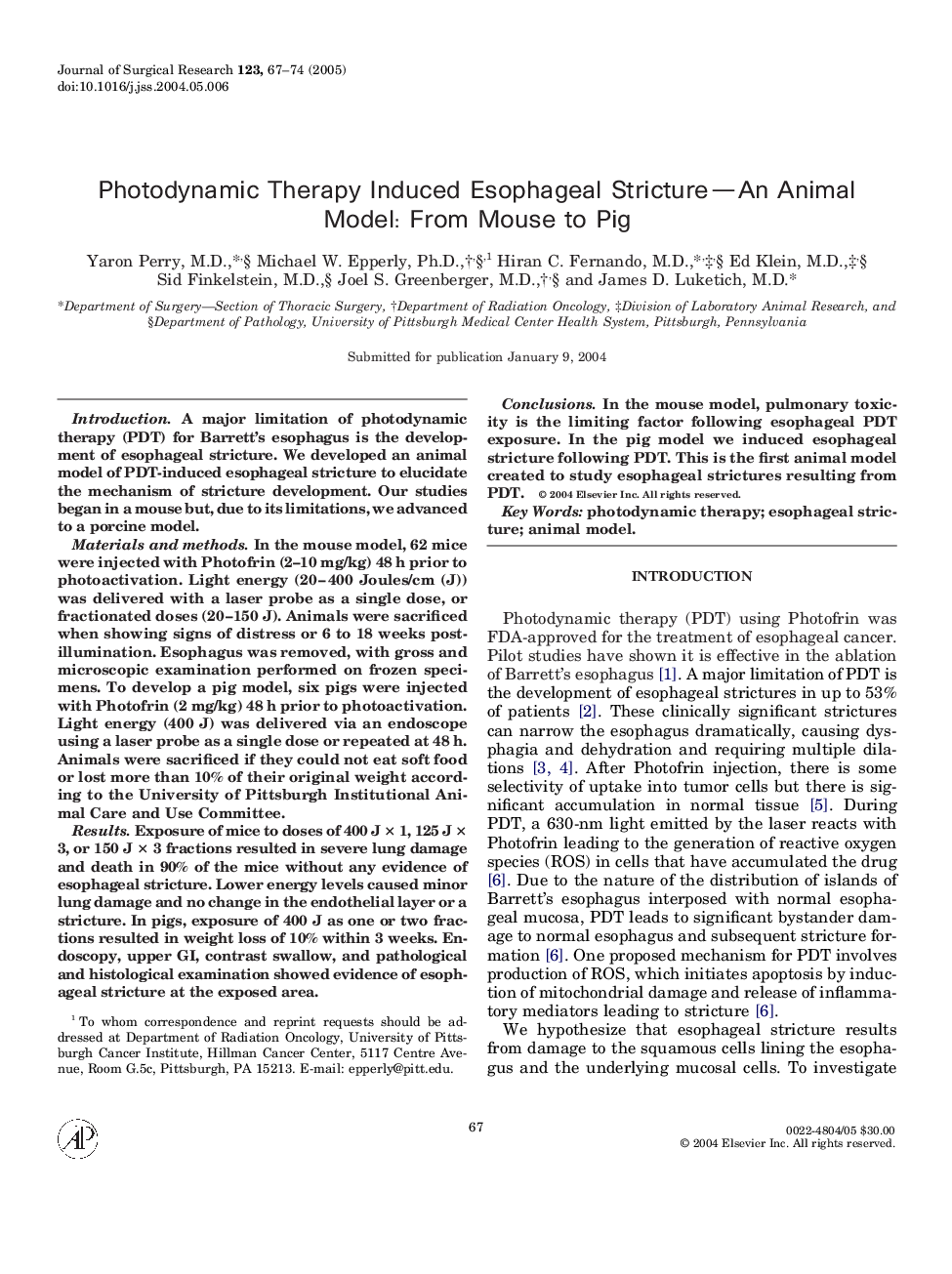 Photodynamic therapy induced esophageal stricture-an animal model: From mouse to pig