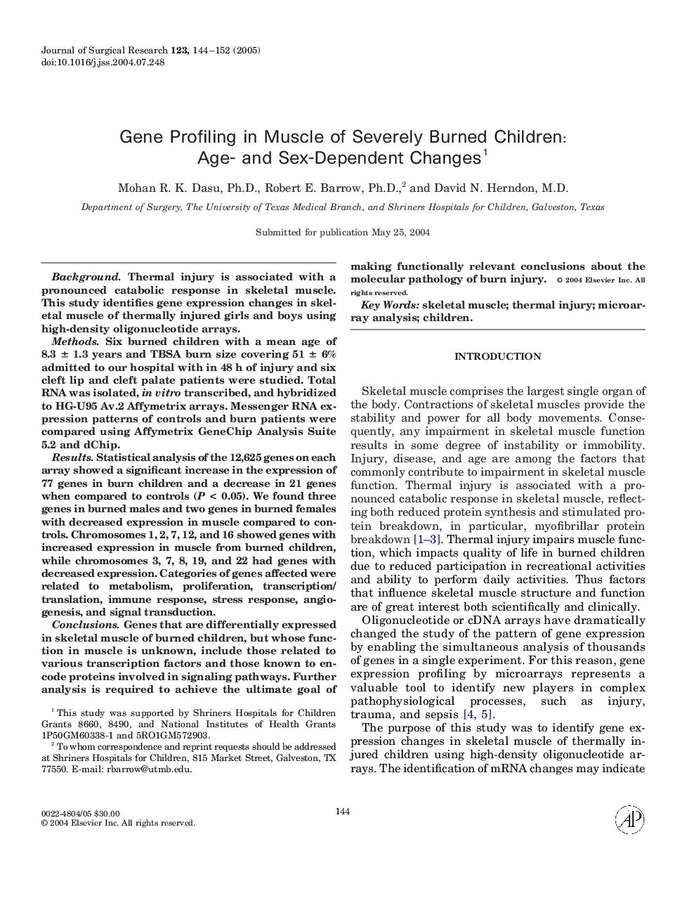 Gene profiling in muscle of severely burned children: Age- and sex-dependent changes1