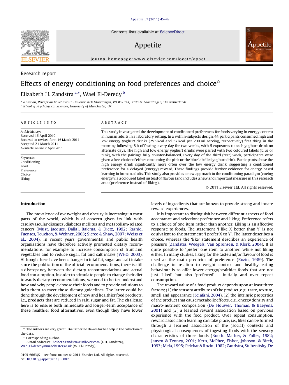 Effects of energy conditioning on food preferences and choice 