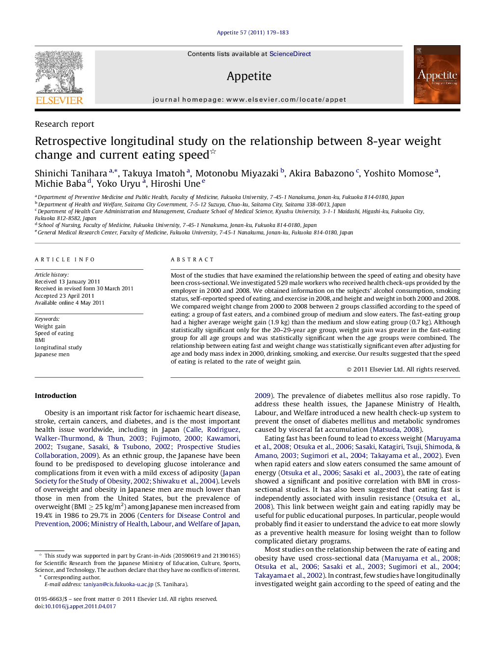 Retrospective longitudinal study on the relationship between 8-year weight change and current eating speed 