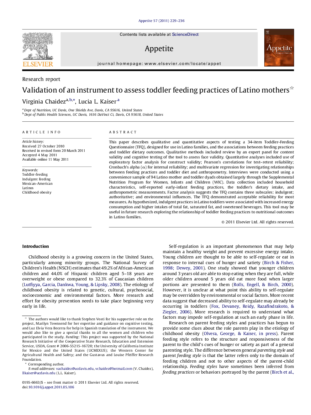 Validation of an instrument to assess toddler feeding practices of Latino mothers 