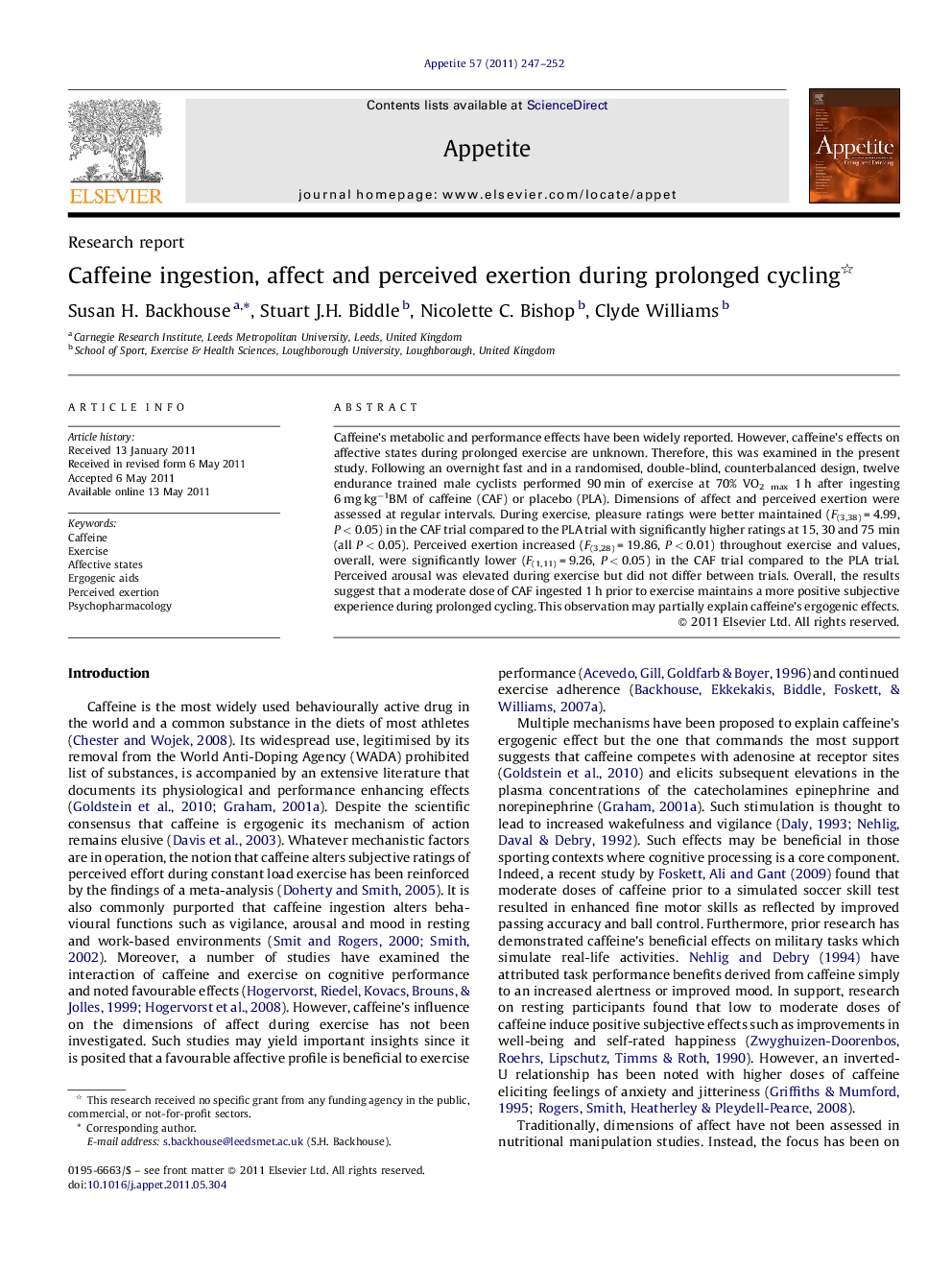 Caffeine ingestion, affect and perceived exertion during prolonged cycling 