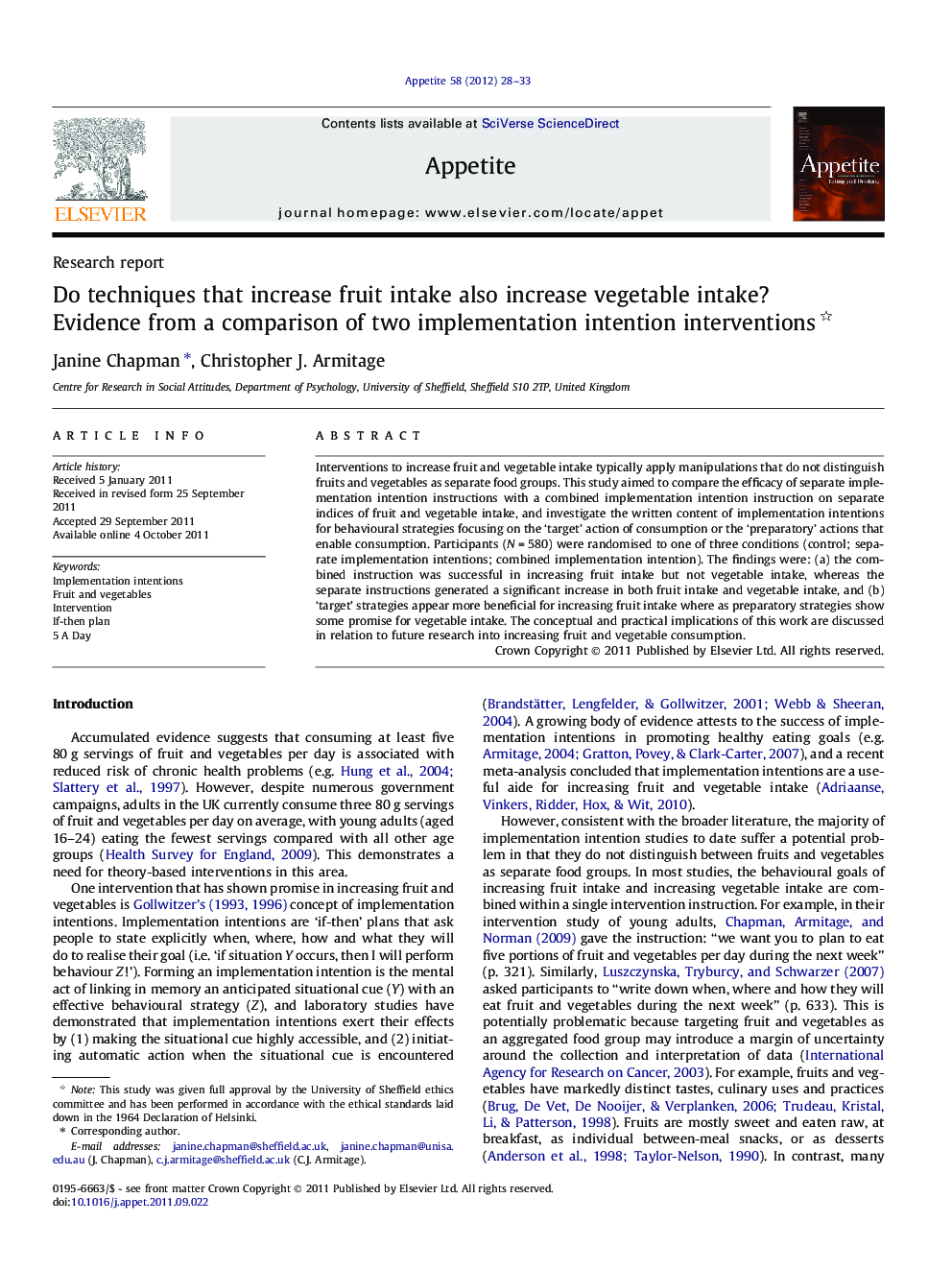 Do techniques that increase fruit intake also increase vegetable intake? Evidence from a comparison of two implementation intention interventions 