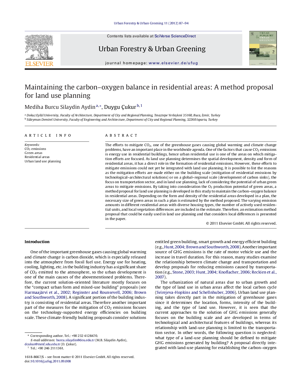 Maintaining the carbon–oxygen balance in residential areas: A method proposal for land use planning