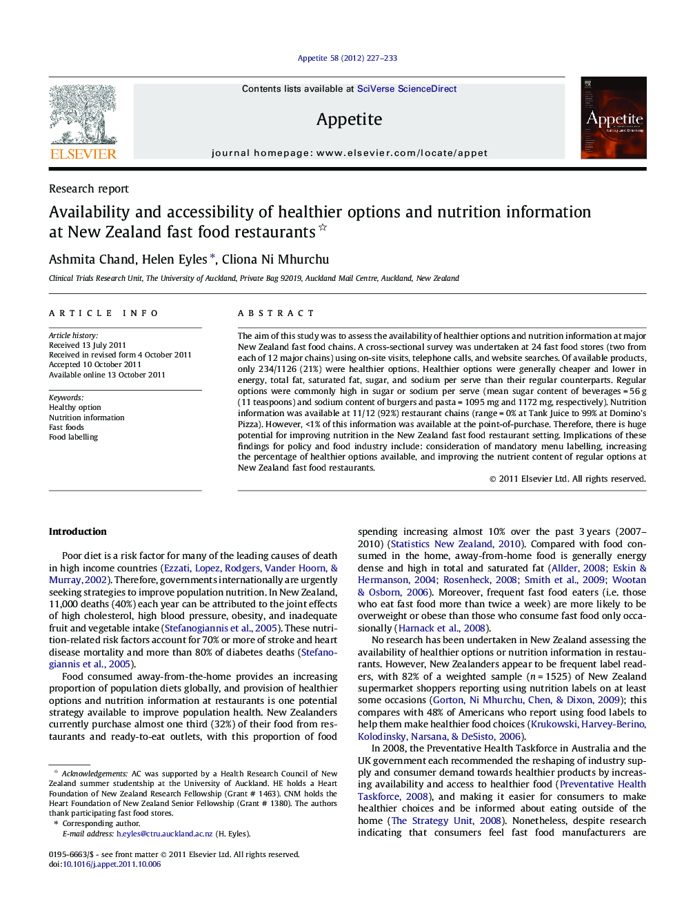 Availability and accessibility of healthier options and nutrition information at New Zealand fast food restaurants 