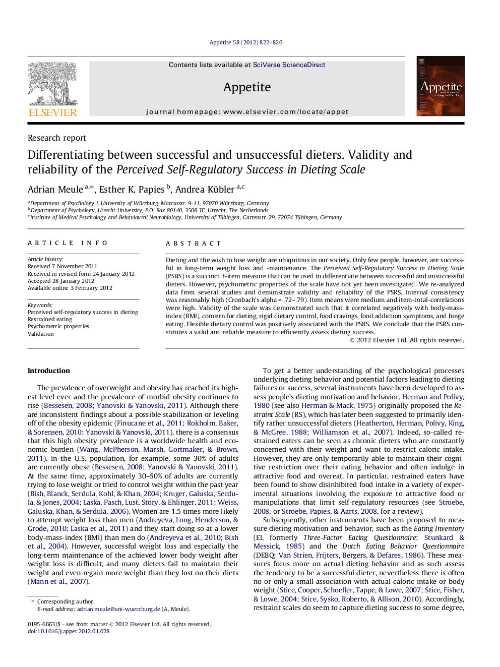 Differentiating between successful and unsuccessful dieters. Validity and reliability of the Perceived Self-Regulatory Success in Dieting Scale