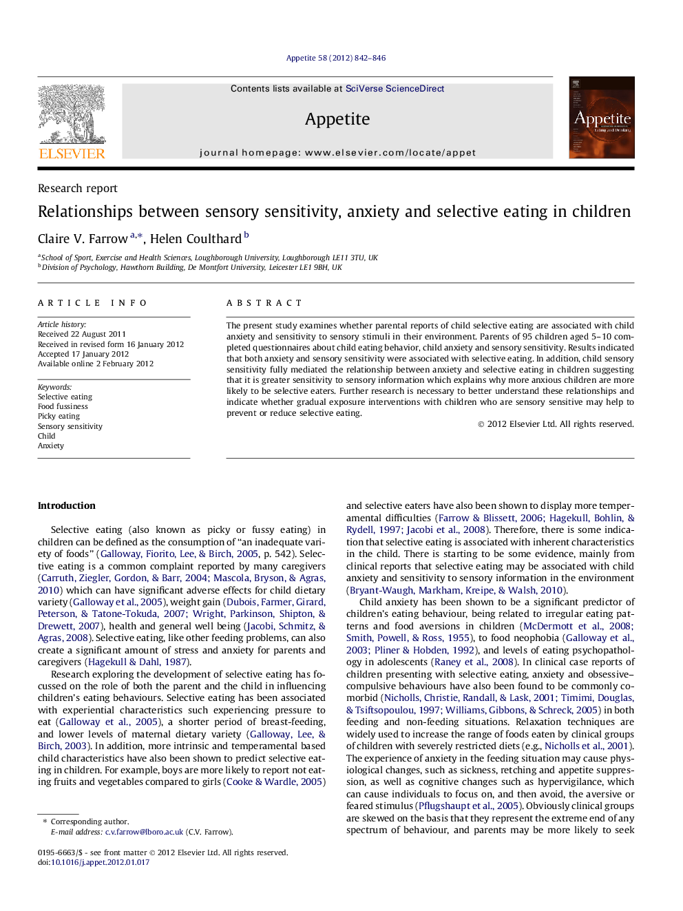 Relationships between sensory sensitivity, anxiety and selective eating in children