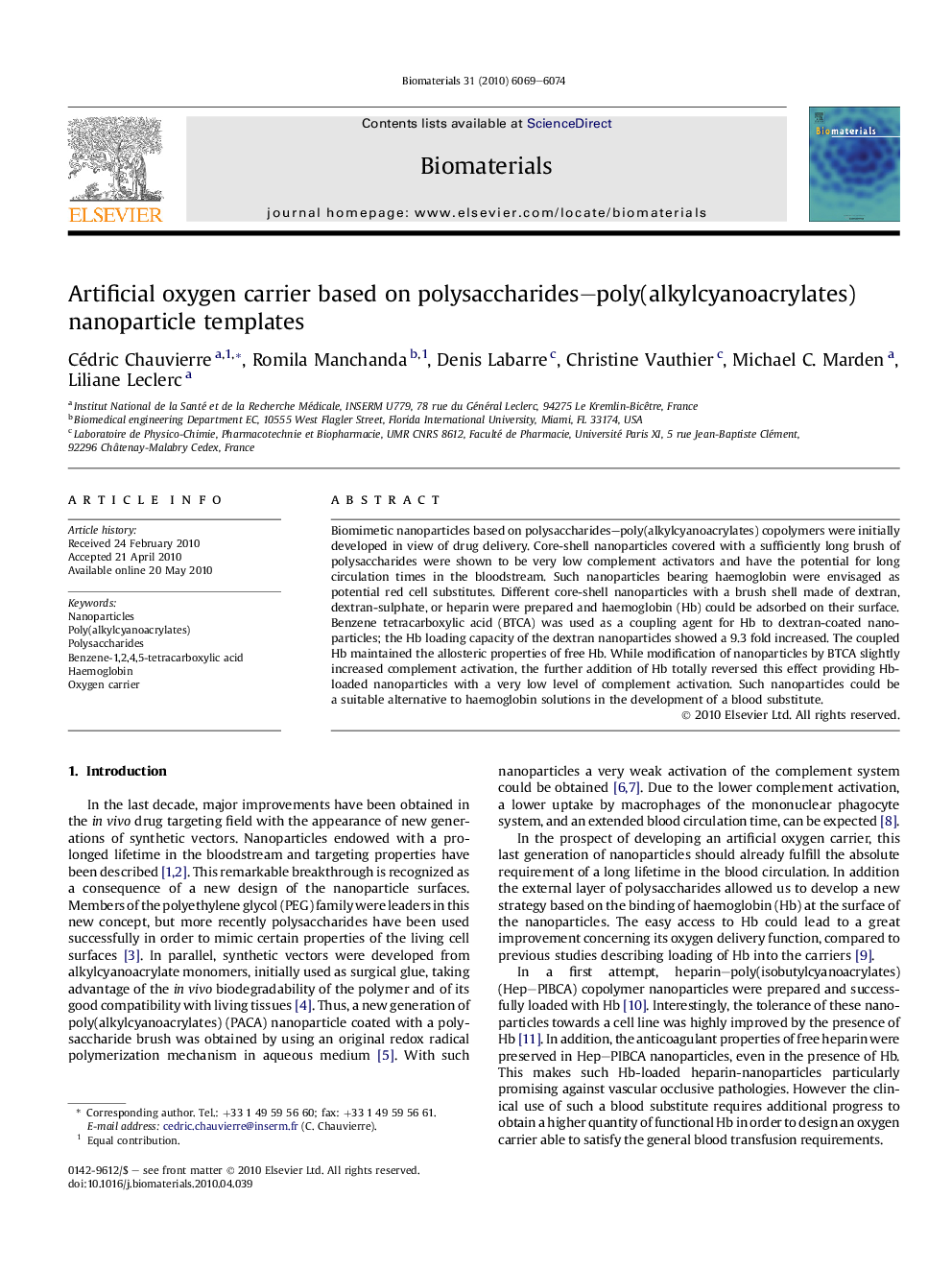 Artificial oxygen carrier based on polysaccharides–poly(alkylcyanoacrylates) nanoparticle templates