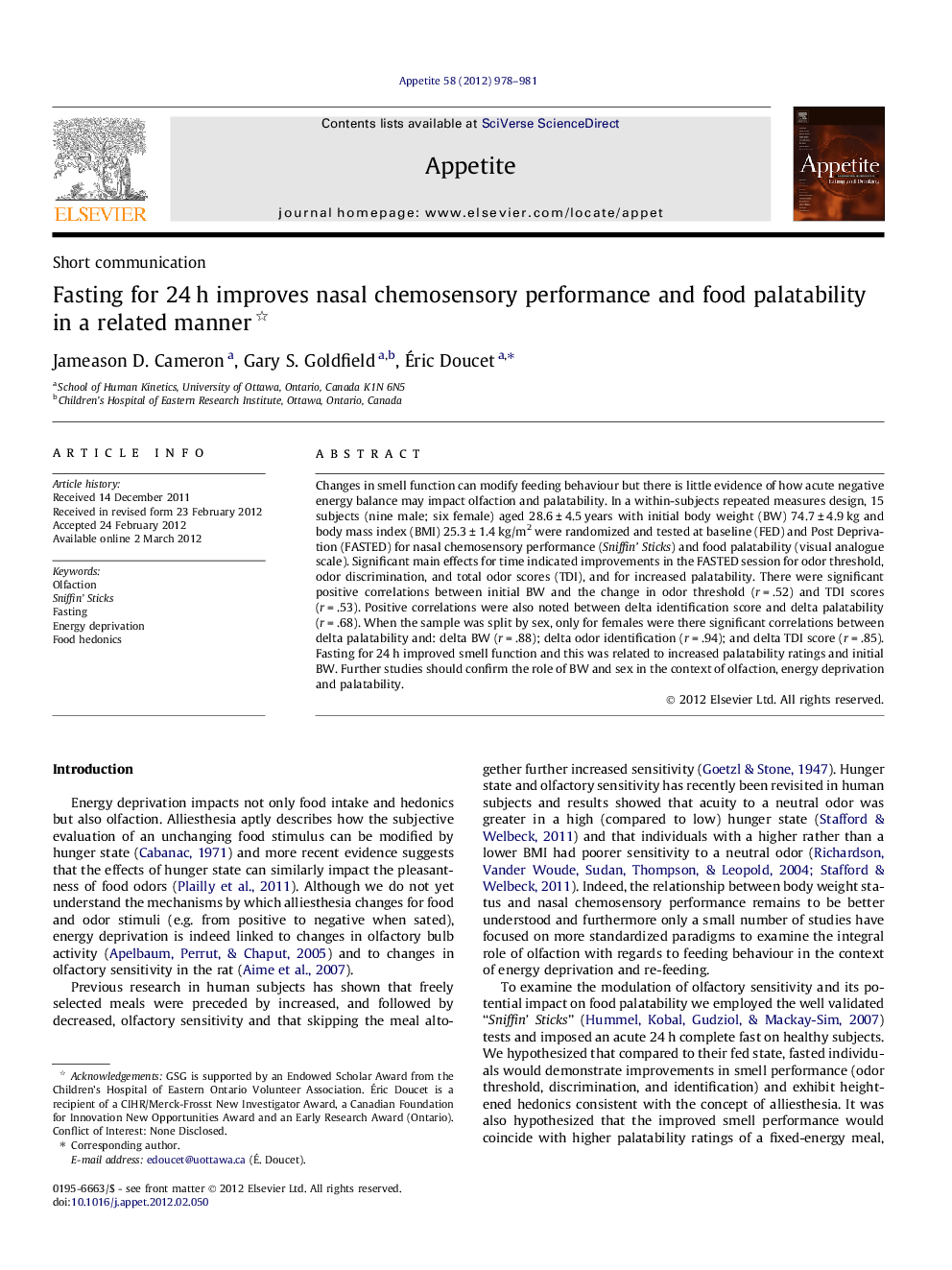 Fasting for 24 h improves nasal chemosensory performance and food palatability in a related manner 