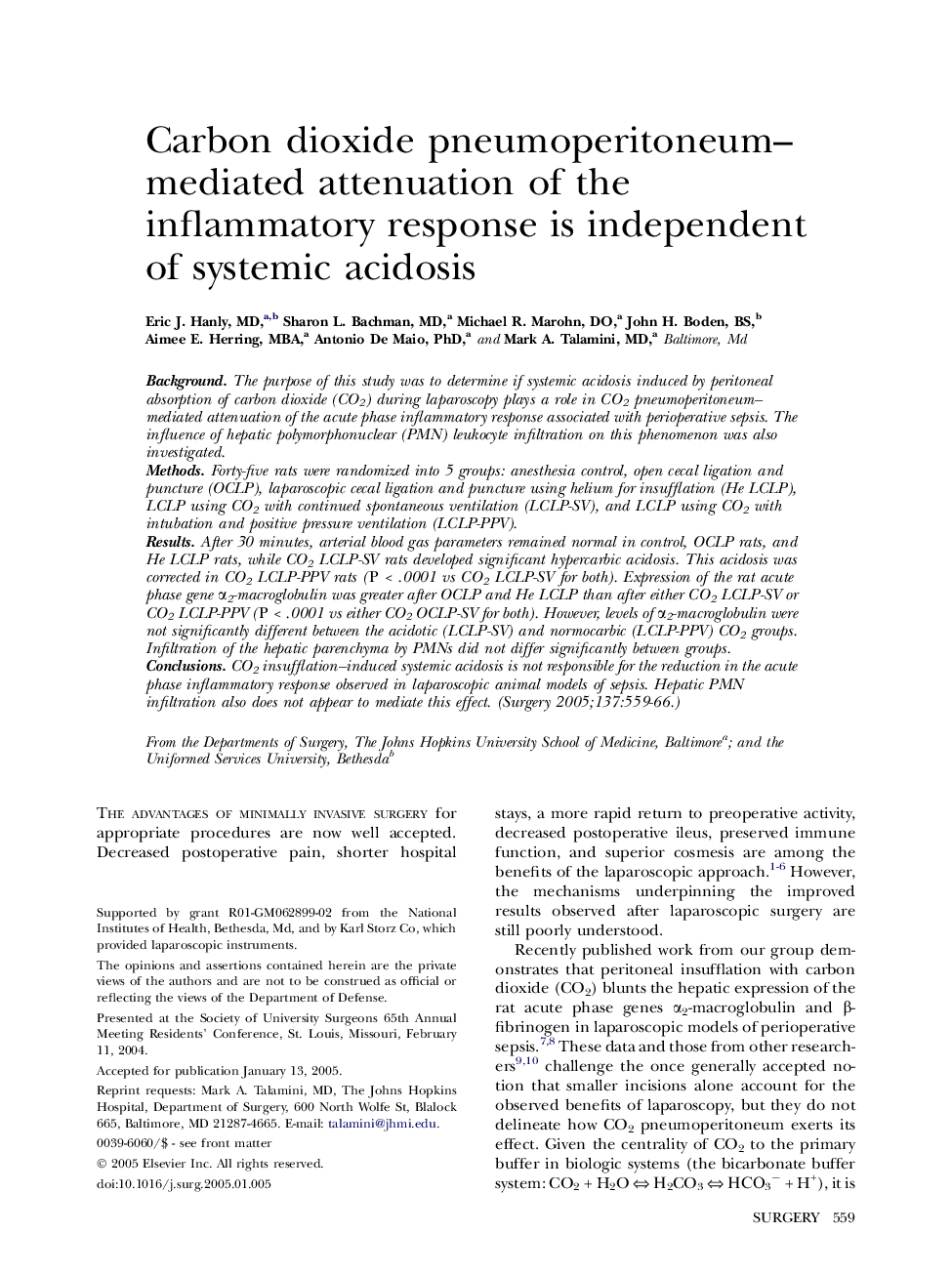 Carbon dioxide pneumoperitoneum-mediated attenuation of the inflammatory response is independent of systemic acidosis