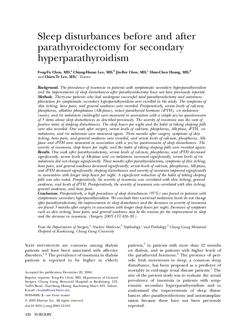 Sleep disturbances before and after parathyroidectomy for secondary hyperparathyroidism