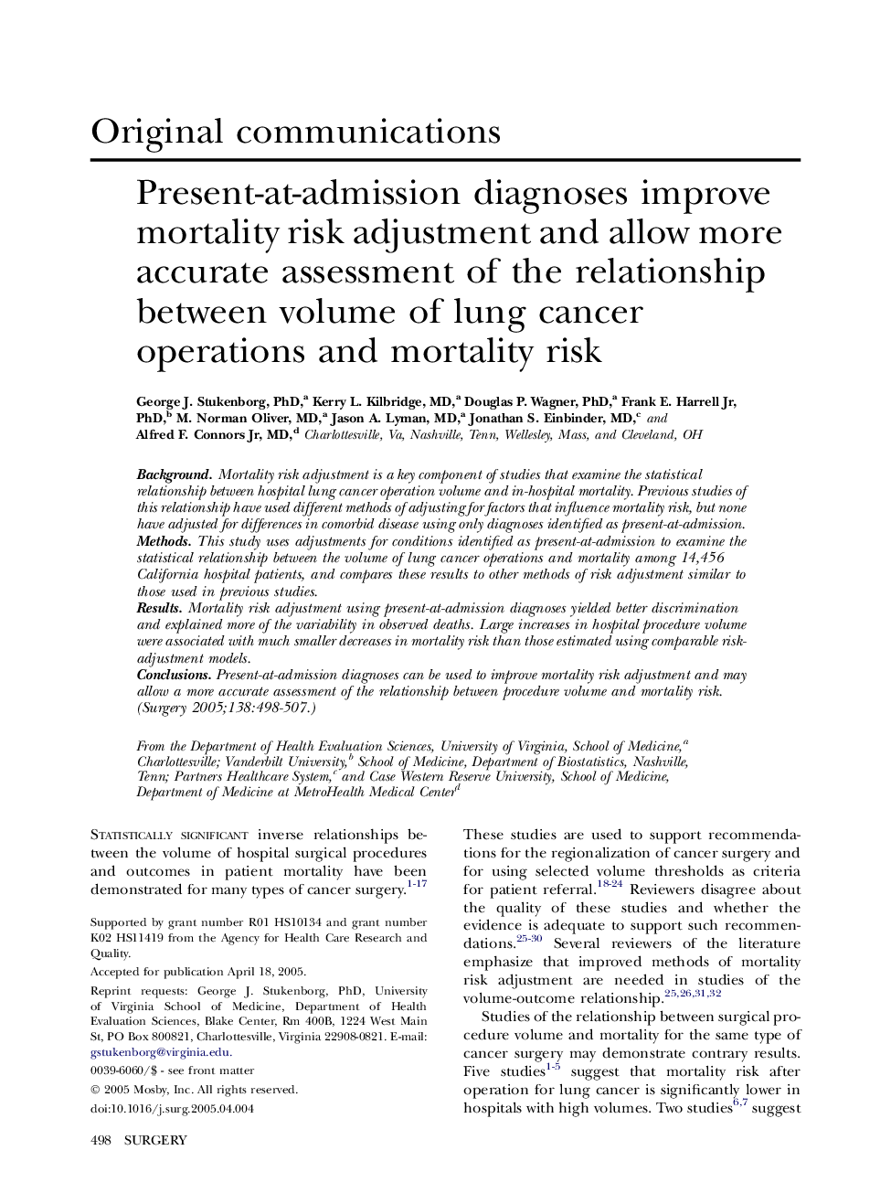 Present-at-admission diagnoses improve mortality risk adjustment and allow more accurate assessment of the relationship between volume of lung cancer operations and mortality risk